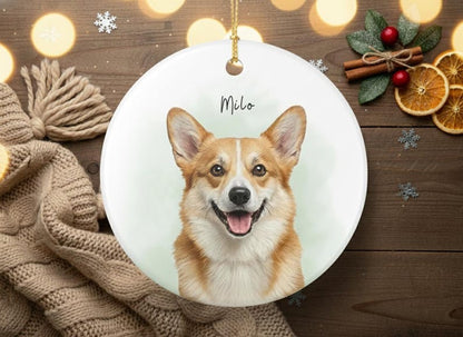 Custom Pet Portrait Christmas Ornament, Personalized Watercolor Style Dog Photo Gift Ceramic Memorial Keepsake for Dog Mom Xmas Ornaments