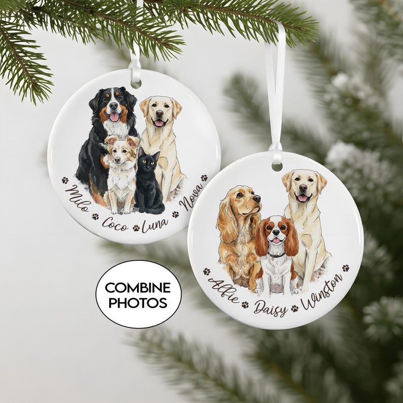 Hand-Painted Pet Portrait From Photos Ornament, Family Portrait with Pet Christmas Keepsake