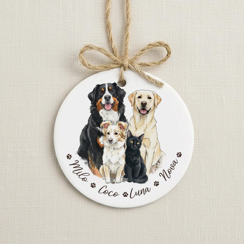 Hand-Painted Pet Portrait From Photos Ornament, Family Portrait with Pet Christmas Keepsake