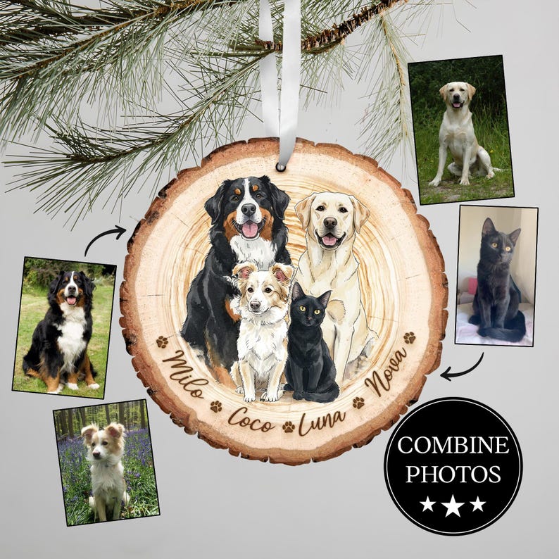 Hand-Painted Pet Portrait From Photos Ornament, Family Portrait with Pet Christmas Keepsake