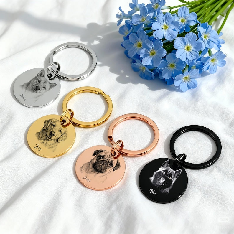 Custom Engraved Pet Portrait Keychain,Personalized Dog and Cat Image Memorial Tag,Stainless Steel Sketch Keyring,Unique Gift for Pet Lovers