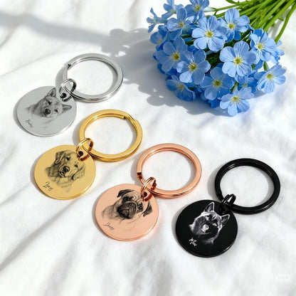 Custom Engraved Pet Portrait Keychain,Personalized Dog and Cat Image Memorial Tag,Stainless Steel Sketch Keyring,Unique Gift for Pet Lovers