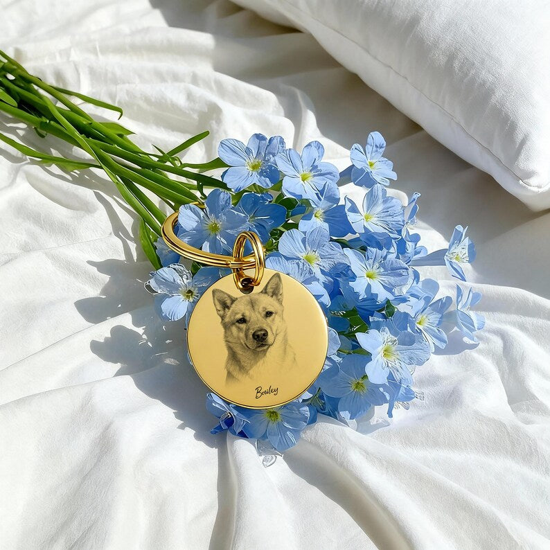 Custom Engraved Pet Portrait Keychain,Personalized Dog and Cat Image Memorial Tag,Stainless Steel Sketch Keyring,Unique Gift for Pet Lovers