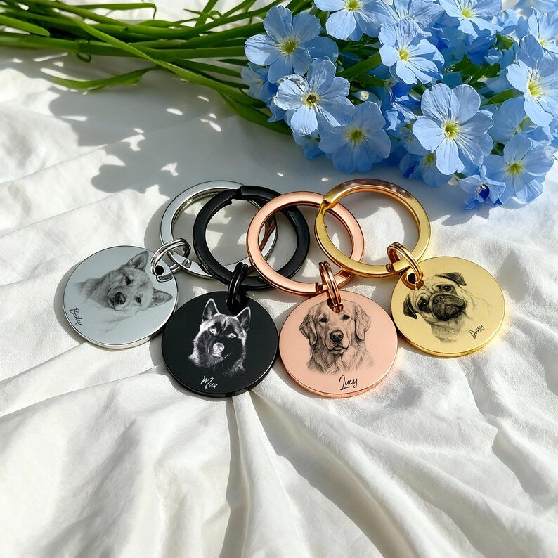 Custom Engraved Pet Portrait Keychain,Personalized Dog and Cat Image Memorial Tag,Stainless Steel Sketch Keyring,Unique Gift for Pet Lovers
