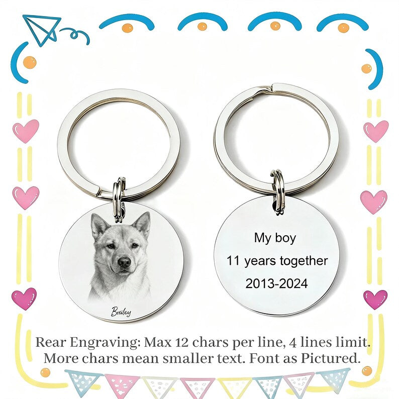 Custom Engraved Pet Portrait Keychain,Personalized Dog and Cat Image Memorial Tag,Stainless Steel Sketch Keyring,Unique Gift for Pet Lovers