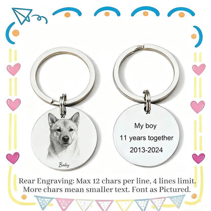 Custom Engraved Pet Portrait Keychain,Personalized Dog and Cat Image Memorial Tag,Stainless Steel Sketch Keyring,Unique Gift for Pet Lovers