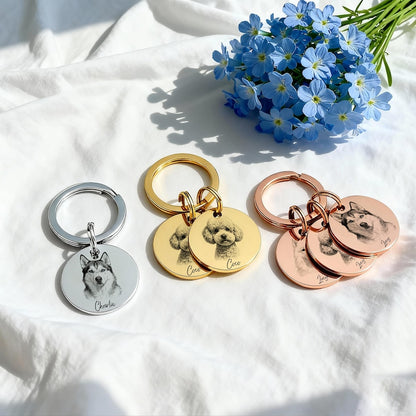 Custom Engraved Pet Portrait Keychain,Personalized Dog and Cat Image Memorial Tag,Stainless Steel Sketch Keyring,Unique Gift for Pet Lovers