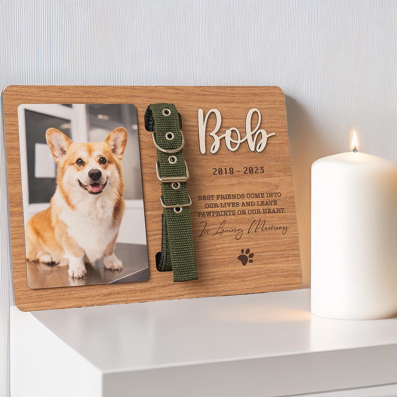 Custom Memorial Pet Collar With Photo, Pet Sympathy Gift, Dog Memorial Frame For Loss Of Dog, Memorial Wood Frame With Collar Holder MP02