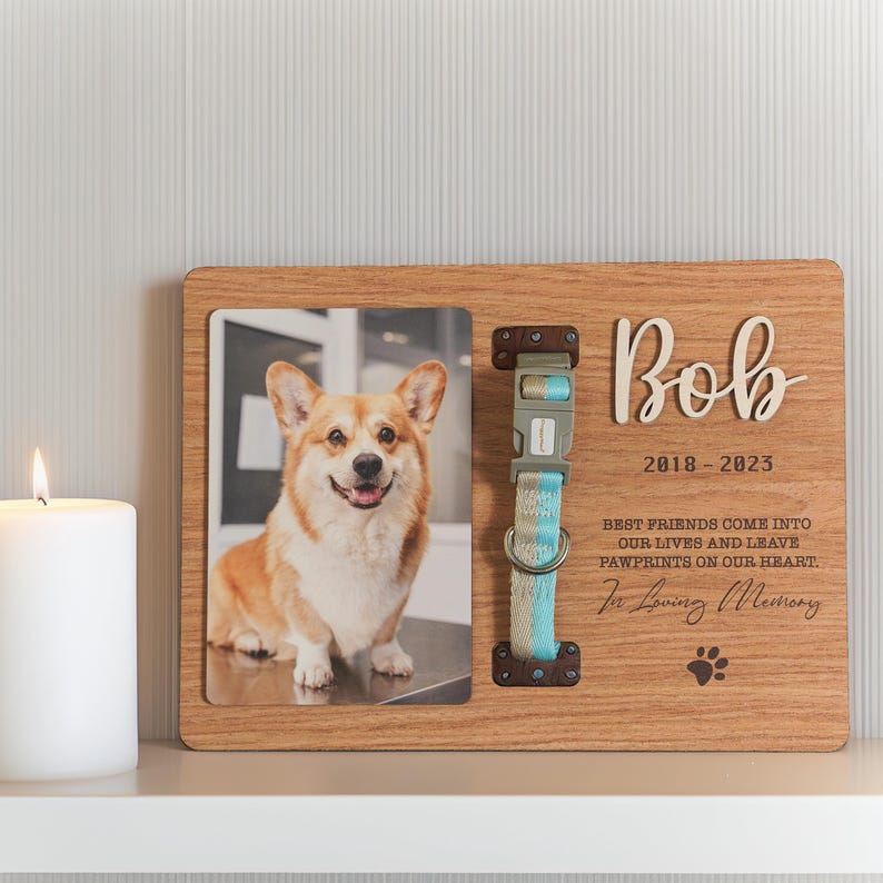 Custom Memorial Pet Collar With Photo, Pet Sympathy Gift, Dog Memorial Frame For Loss Of Dog, Memorial Wood Frame With Collar Holder MP02