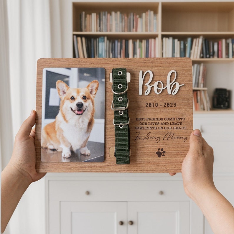 Custom Memorial Pet Collar With Photo, Pet Sympathy Gift, Dog Memorial Frame For Loss Of Dog, Memorial Wood Frame With Collar Holder MP02