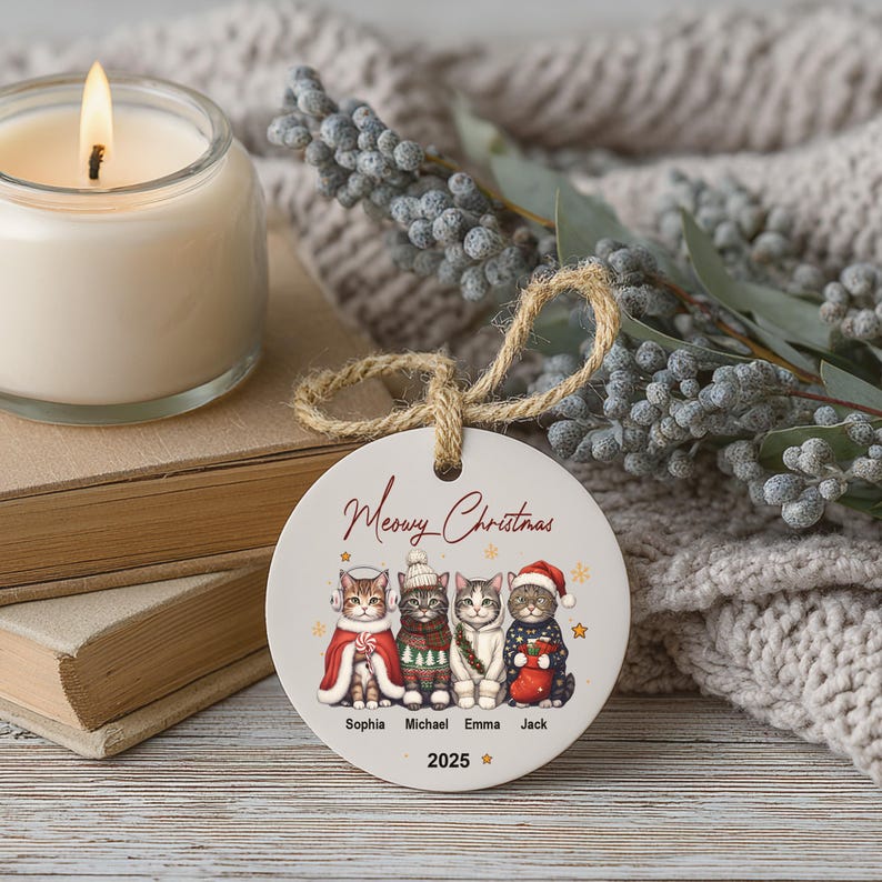 Personalized Cat Ornament: Pet Gift, Festive Feline Portrait, Custom Christmas Holiday Keepsake