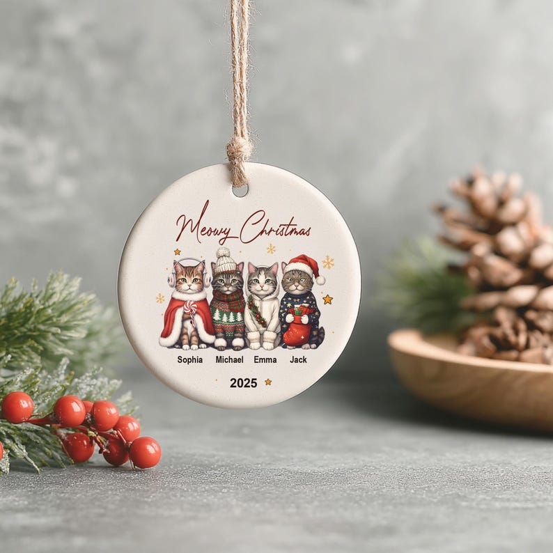 Personalized Cat Ornament: Pet Gift, Festive Feline Portrait, Custom Christmas Holiday Keepsake