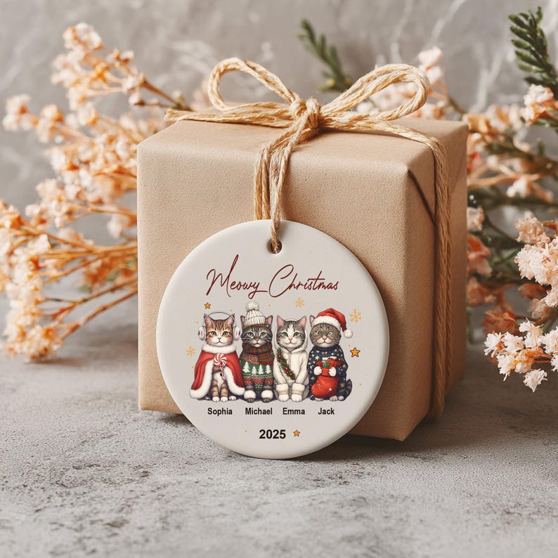 Personalized Cat Ornament: Pet Gift, Festive Feline Portrait, Custom Christmas Holiday Keepsake