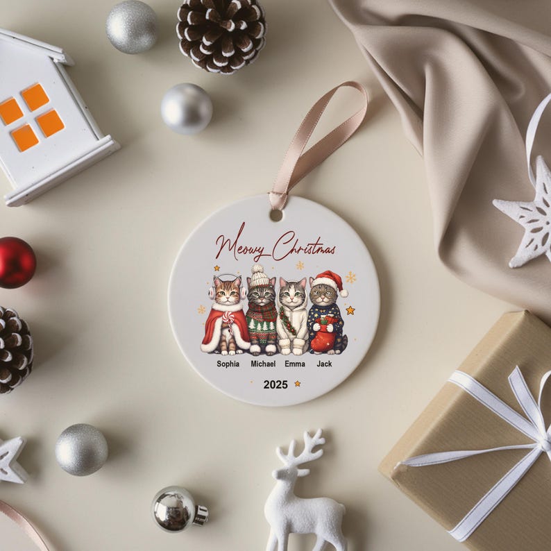 Personalized Cat Ornament: Pet Gift, Festive Feline Portrait, Custom Christmas Holiday Keepsake