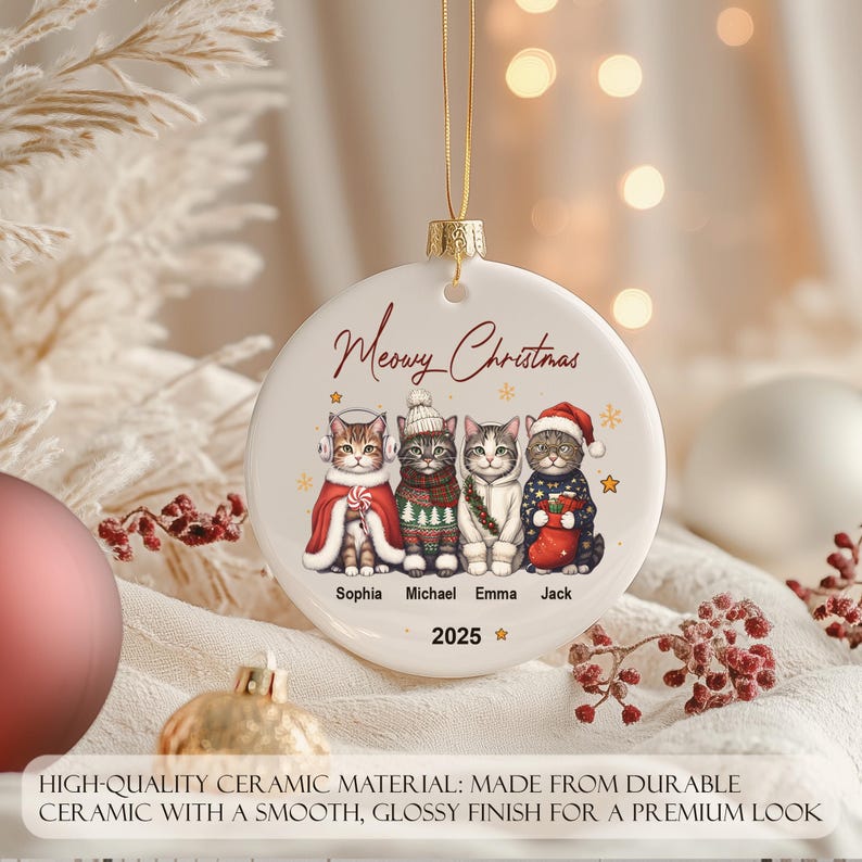 Personalized Cat Ornament: Pet Gift, Festive Feline Portrait, Custom Christmas Holiday Keepsake