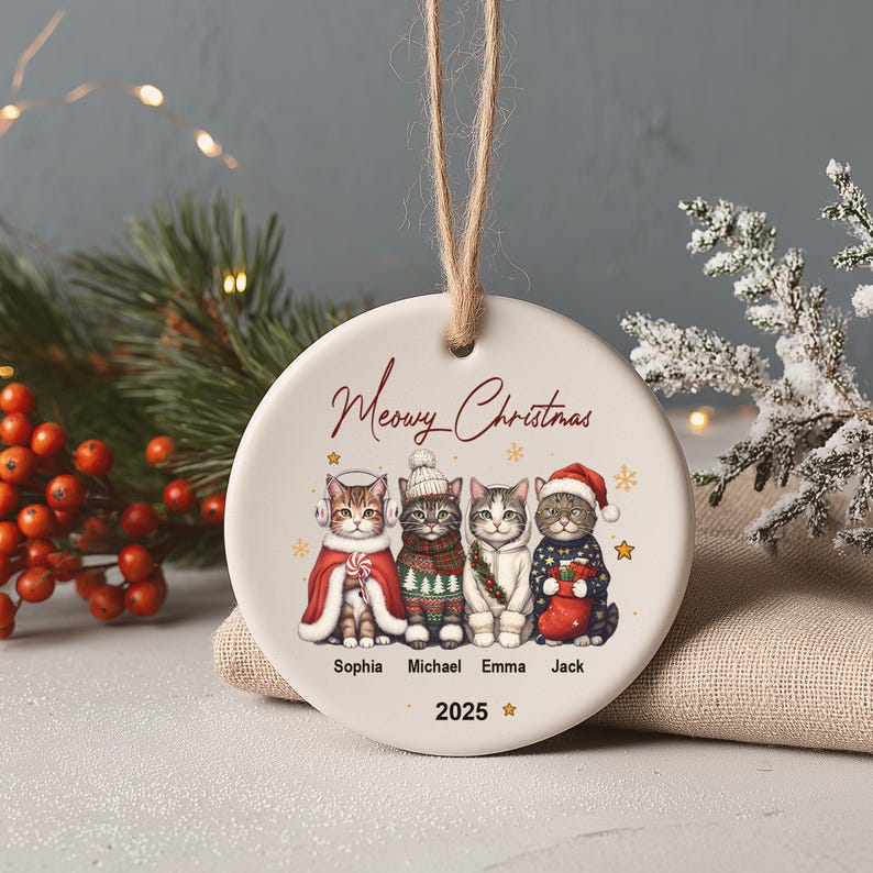 Personalized Cat Ornament: Pet Gift, Festive Feline Portrait, Custom Christmas Holiday Keepsake