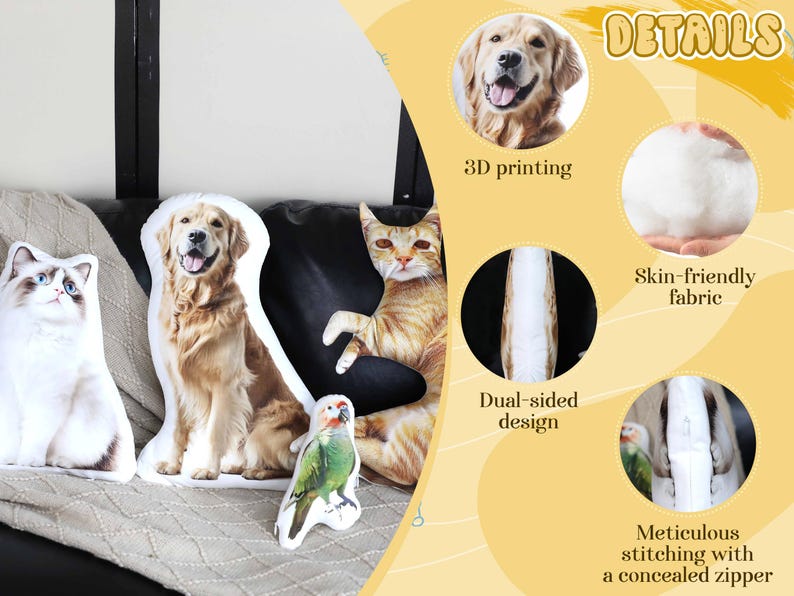 Personalized 3D Pet Pillow from Photo, Custom Dog/Cat Shaped Pillow with Photo, Double Sided Pet Pillow, Unique Pet Gift for Animal Lover