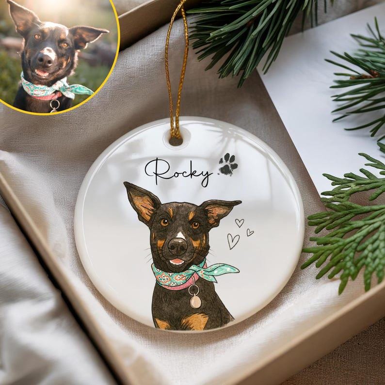 Custom Pet Portrait Ornament, Personalized Dog & Cat Christmas Ornament, Pet Memorial Gift, Ceramic Holiday Keepsake, Pet Name Ornament