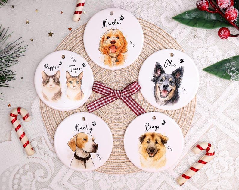 Custom Pet Portrait Ornament, Personalized Dog & Cat Christmas Ornament, Pet Memorial Gift, Ceramic Holiday Keepsake, Pet Name Ornament