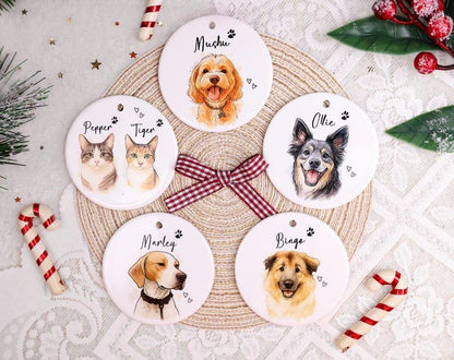 Custom Pet Portrait Ornament, Personalized Dog & Cat Christmas Ornament, Pet Memorial Gift, Ceramic Holiday Keepsake, Pet Name Ornament