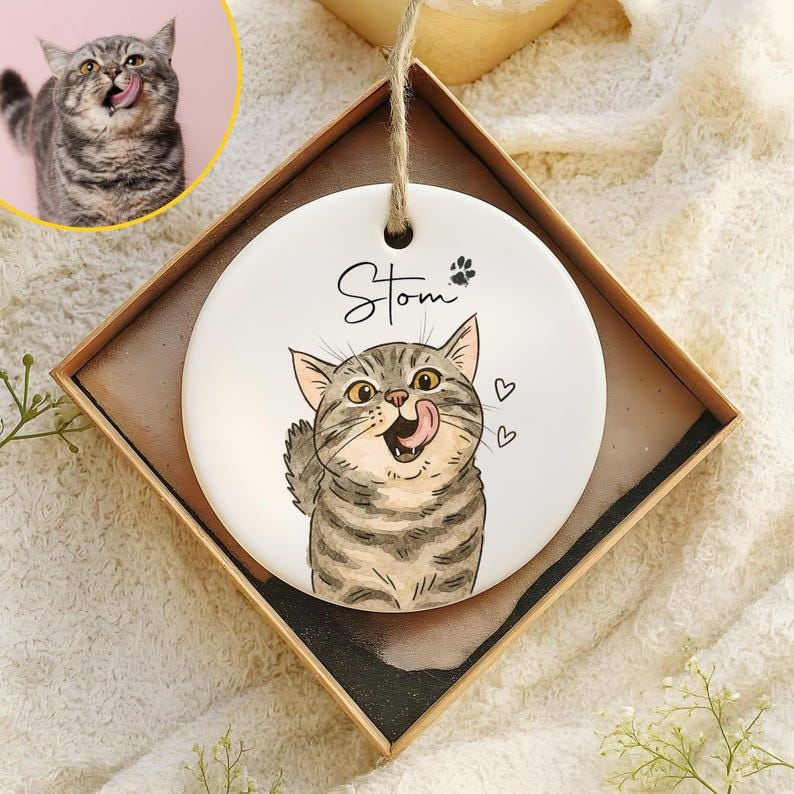 Custom Pet Portrait Ornament, Personalized Dog & Cat Christmas Ornament, Pet Memorial Gift, Ceramic Holiday Keepsake, Pet Name Ornament