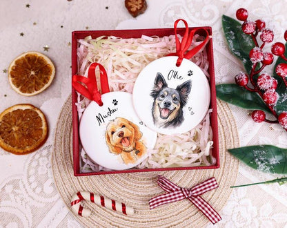 Custom Pet Portrait Ornament, Personalized Dog & Cat Christmas Ornament, Pet Memorial Gift, Ceramic Holiday Keepsake, Pet Name Ornament
