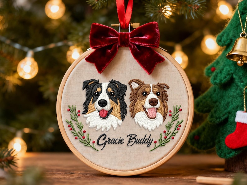 Personalized Dog Photo Embroidery Ornament, Custom Pet Portrait Gift