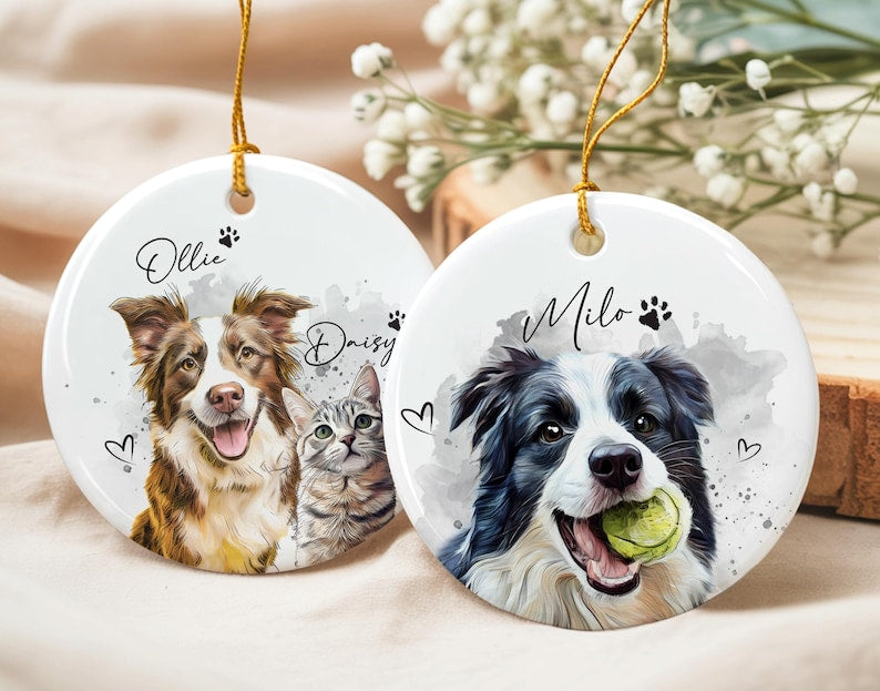 Custom Dog Photo Christmas Ornament 2025, Pet Watercolor Portrait Ornament, Cat Lover Gift