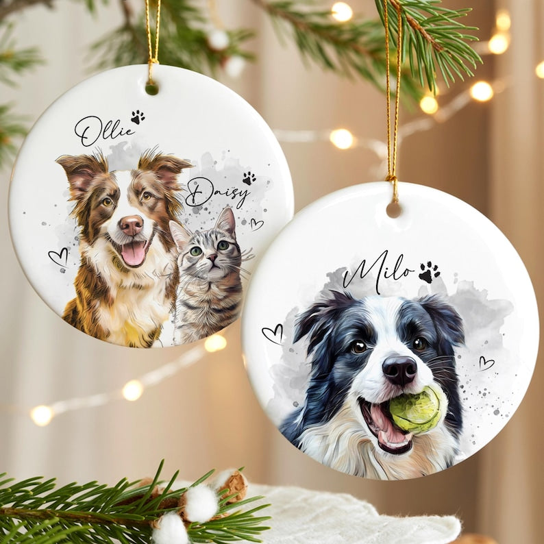Custom Dog Photo Christmas Ornament 2025, Pet Watercolor Portrait Ornament, Cat Lover Gift
