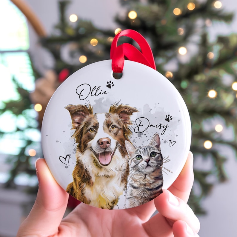 Custom Dog Photo Christmas Ornament 2025, Pet Watercolor Portrait Ornament, Cat Lover Gift