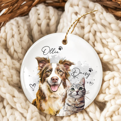 Custom Dog Photo Christmas Ornament 2025, Pet Watercolor Portrait Ornament, Cat Lover Gift