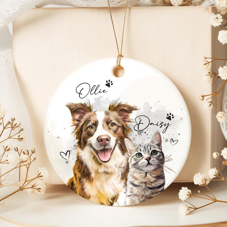 Custom Dog Photo Christmas Ornament 2025, Pet Watercolor Portrait Ornament, Cat Lover Gift