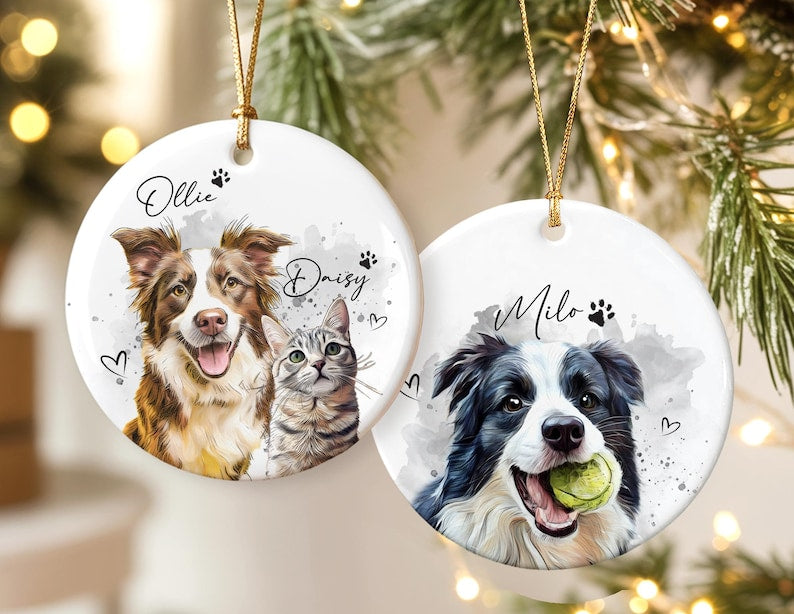 Custom Dog Photo Christmas Ornament 2025, Pet Watercolor Portrait Ornament, Cat Lover Gift