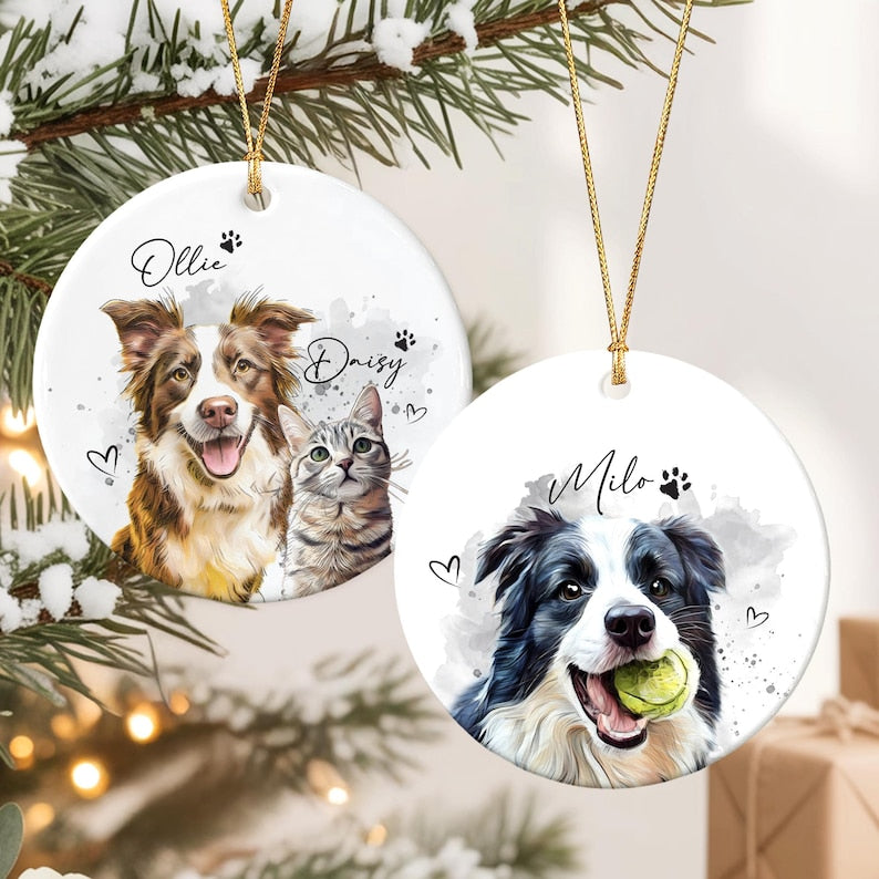 Custom Dog Photo Christmas Ornament 2025, Pet Watercolor Portrait Ornament, Cat Lover Gift