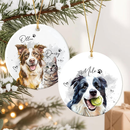 Custom Dog Photo Christmas Ornament 2025, Pet Watercolor Portrait Ornament, Cat Lover Gift