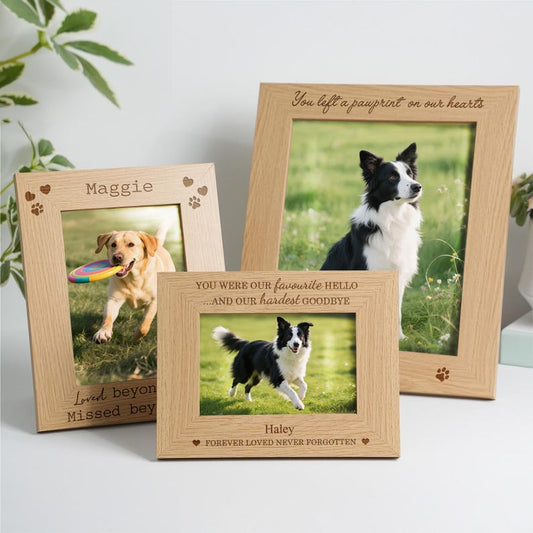 Personalized Pet Memorial Photo Frame: Engraved Oak & Cherrywood