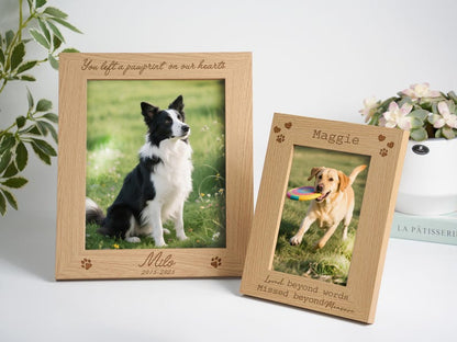 Personalized Pet Memorial Photo Frame: Engraved Oak & Cherrywood