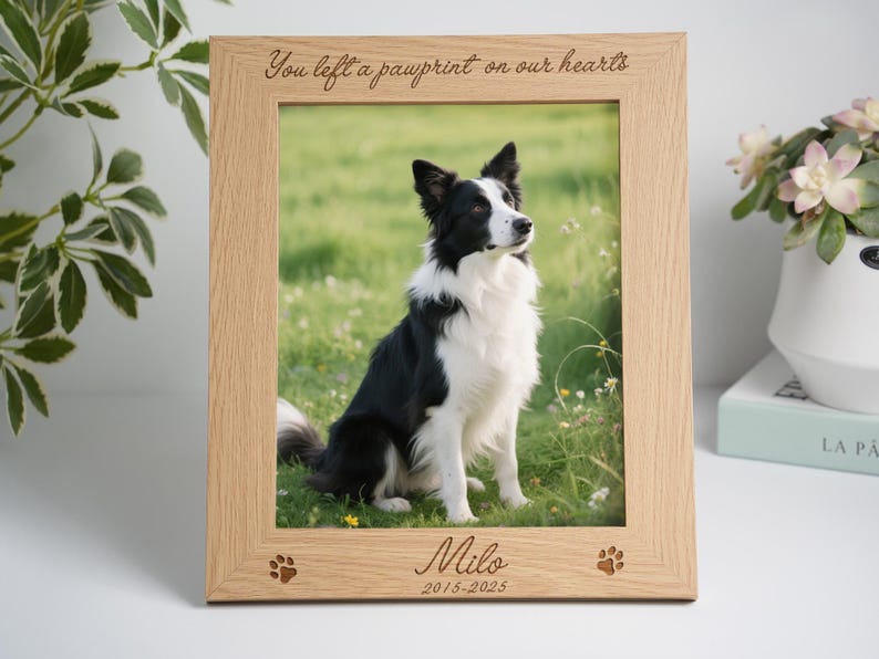 Personalized Pet Memorial Photo Frame: Engraved Oak & Cherrywood