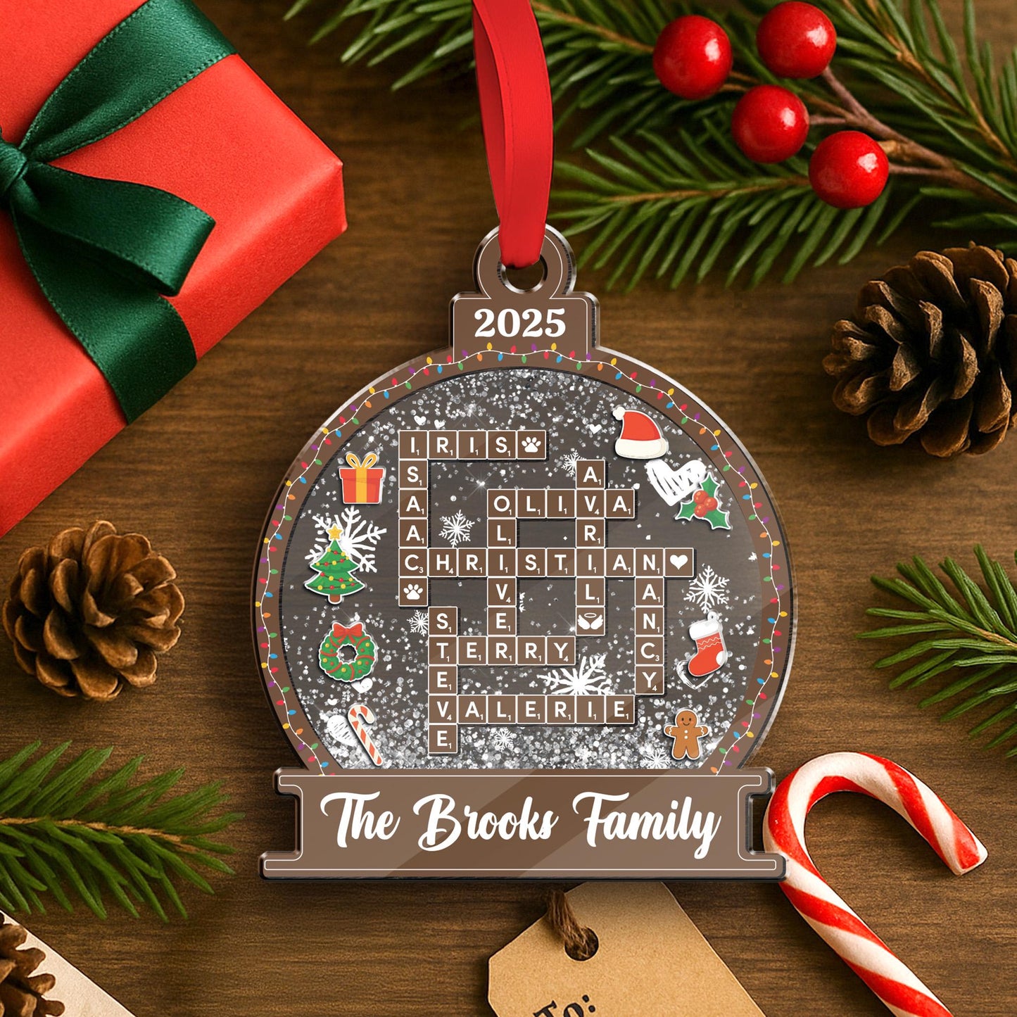 Custom Family Crossword Christmas Ornament, Personalized Scrabble Puzzle Name Ornament, Xmas Tree Decor, Family Gift for Parents or Kids