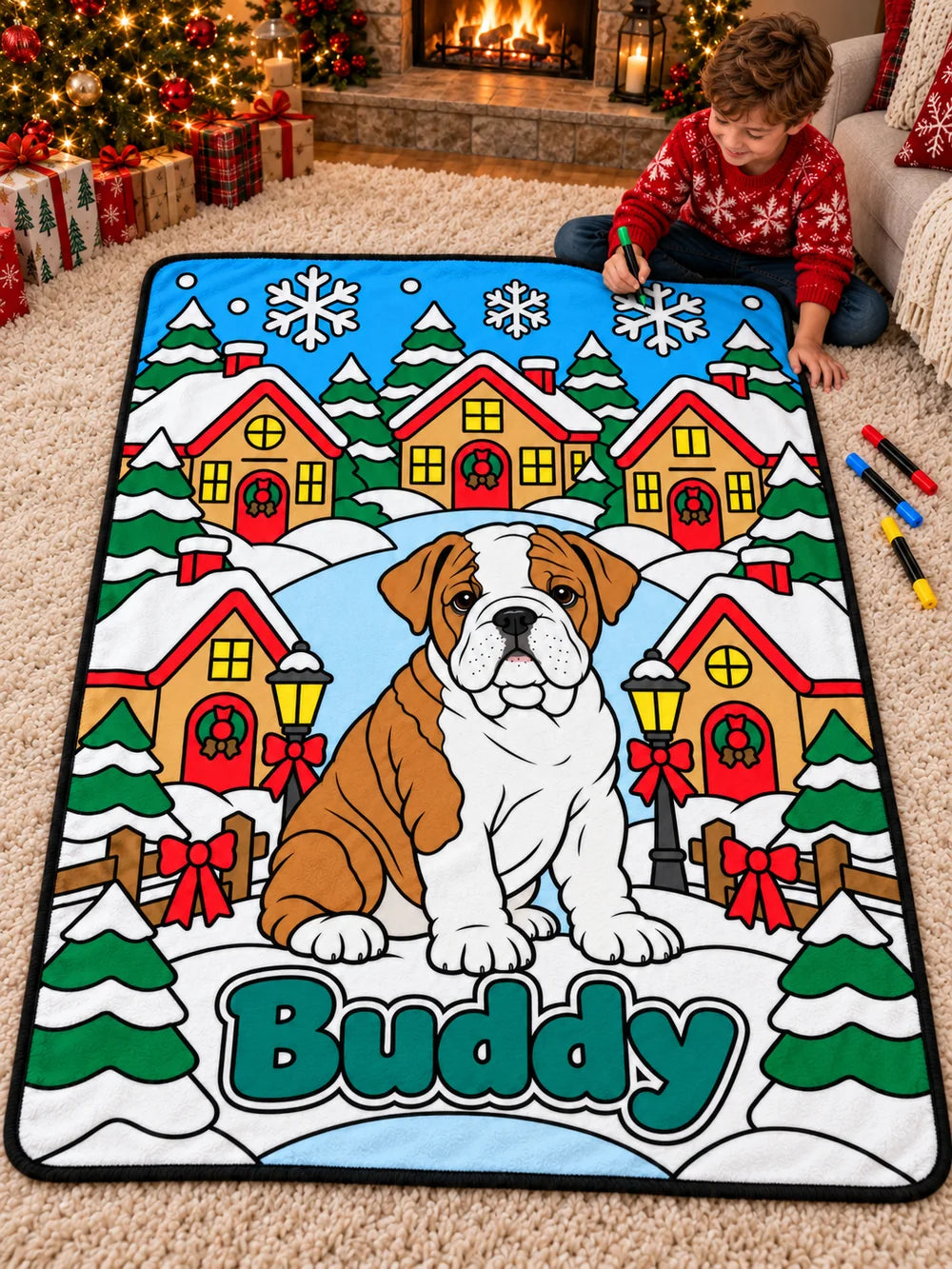 Personalized Christmas coloring blanket with Buddy the bulldog