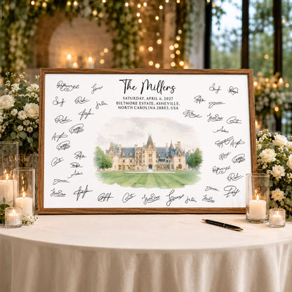 Custom Venue Watercolor Wedding Guest Book Sign Illustration - Personalized Poster