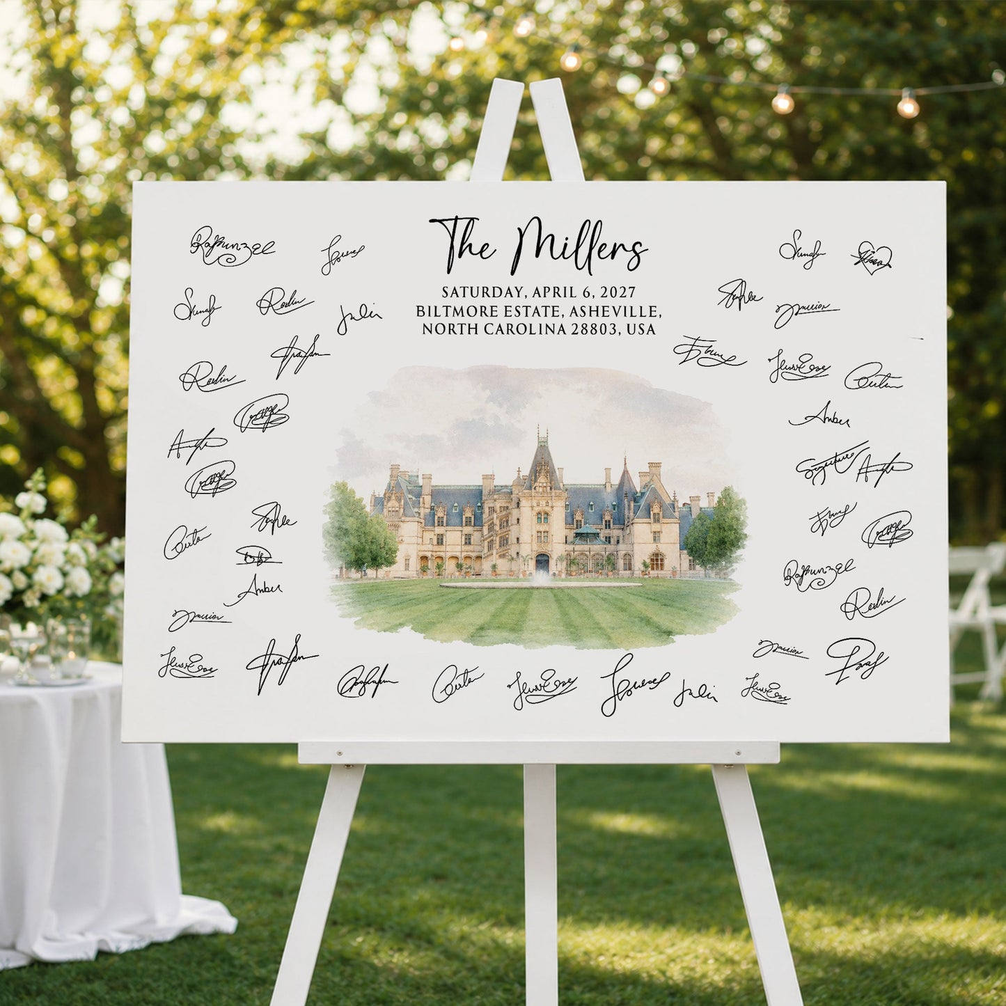 Custom Venue Watercolor Wedding Guest Book Sign Illustration - Personalized Poster