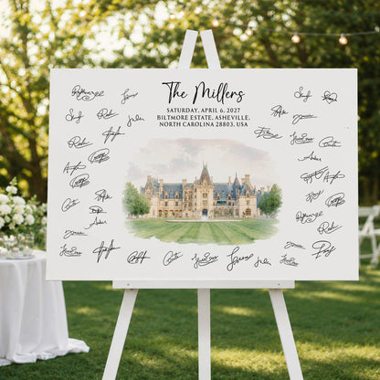 Custom Venue Watercolor Wedding Guest Book Sign Illustration - Personalized Poster