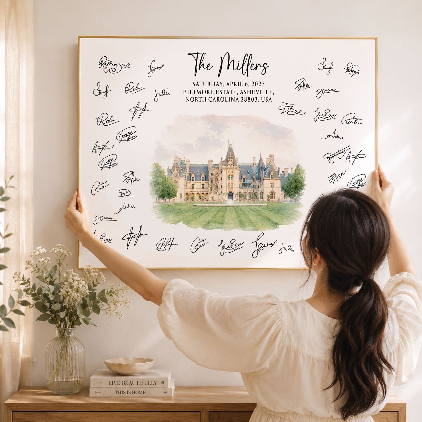Custom Venue Watercolor Wedding Guest Book Sign Illustration - Personalized Poster