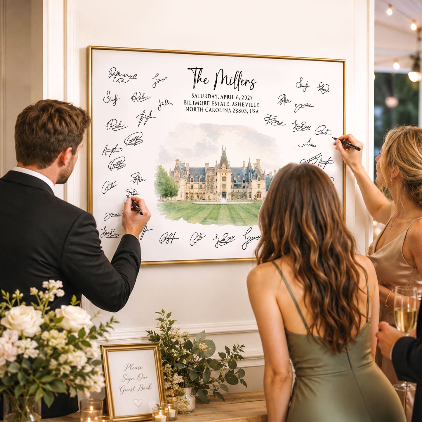 Custom Venue Watercolor Wedding Guest Book Sign Illustration - Personalized Poster