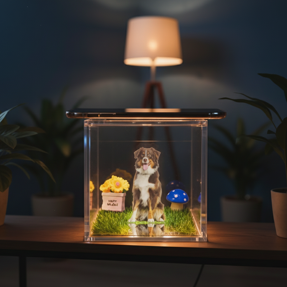Custom Pet Holographic Digital House with Name and Dates, Personalized Memorial Acrylic Light Display