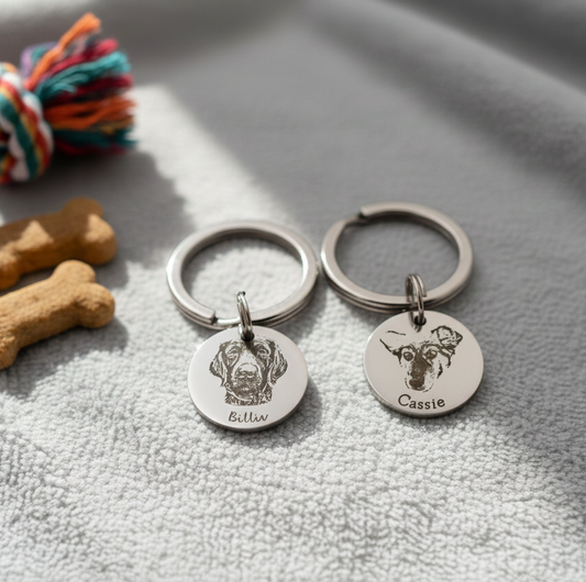 Engraved Pet Portrait Keychain: Personalized Dog Memorial Gift