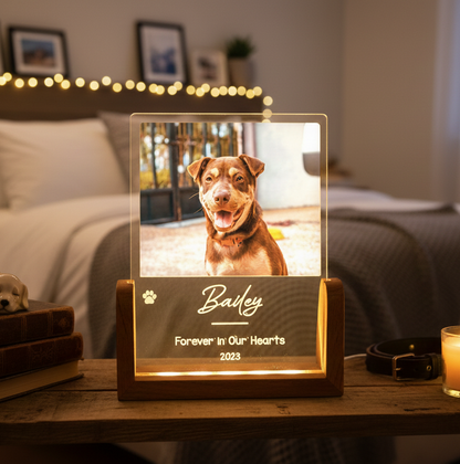 Personalized Pet Picture Acrylic Wooden Night Light - Custom Engraved LED Photo Light Frame Memorial - In Memory Of Cat Dog Keepsake Gift