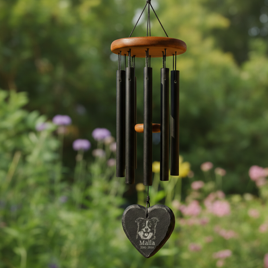 Personalized Pet Memorial Wind Chime with Engraved Photo, Custom Dog or Cat Loss Gift, Heart or Round Stone Sail Sympathy Remembrance Gift