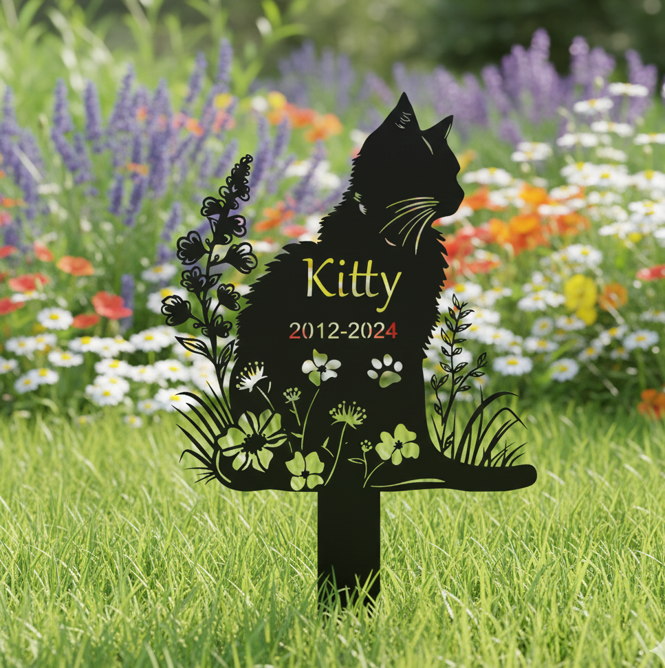 Personalized Metal Cat Grave Marker,Cat Memorial Stake with Flowers,Custom Cat Cemetery Stake,Cat Garden Stake,Cat Garden Decor,Loss of Cat